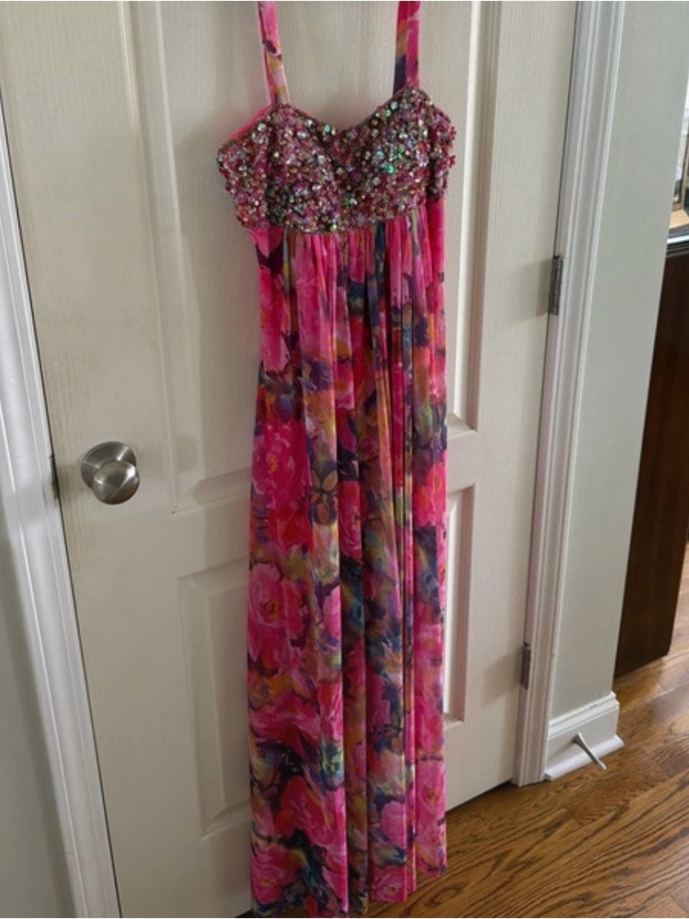 Jovani Pink Floral Sequin Bodice Maxi Dress